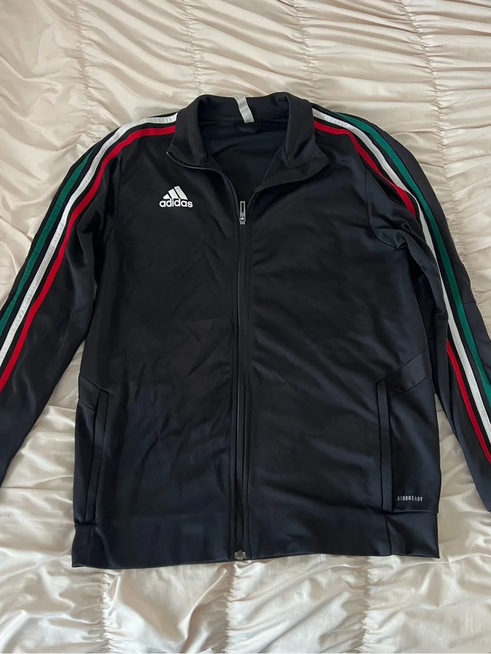 adidas Black Track Jacket with Red, Green & White Sleeve Stripes